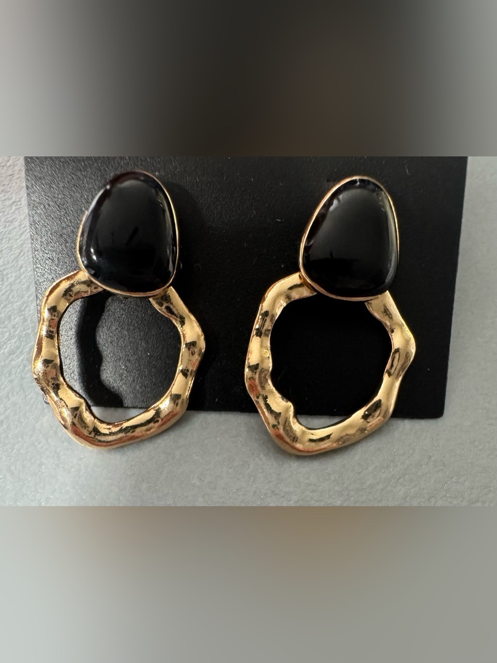Gold Hoop Drop Earrings with Black Stone Accent vintage style chic statement